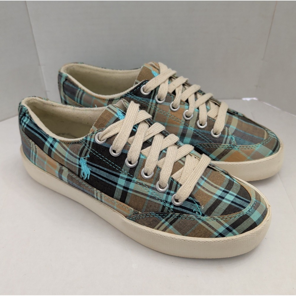 Polo Ralph Lauren Y2K Brisbane Blue Plaid Madras Canvas Women Sneakers 6.5B Pony